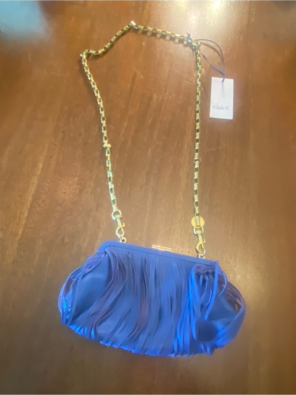 Clare V. Blue Fringe Leather Clutch Bag w/ Gold Crossbody Chain Strap New w tags